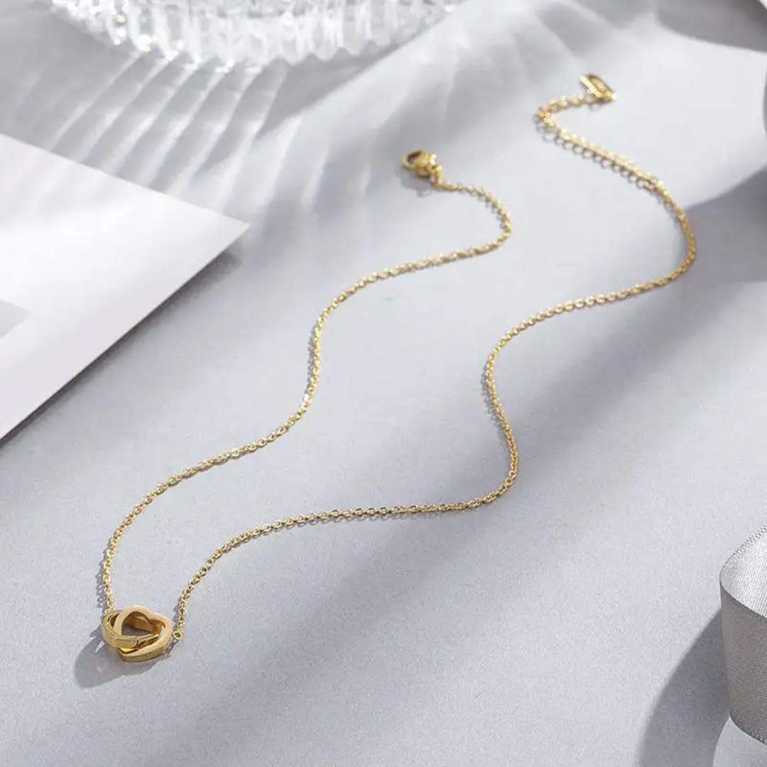 Interlocking Double Heart Necklace – Minimalist Gold Chain