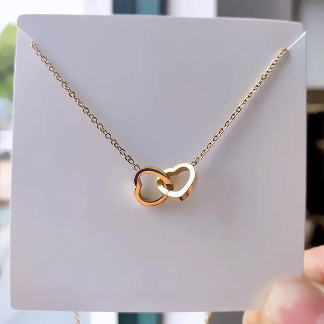 Interlocking Double Heart Necklace – Minimalist Gold Chain