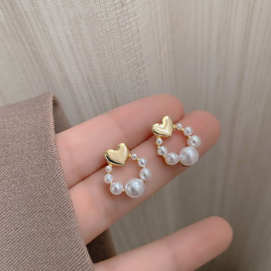 Gold Plated Heart Pearl Studs Earrings