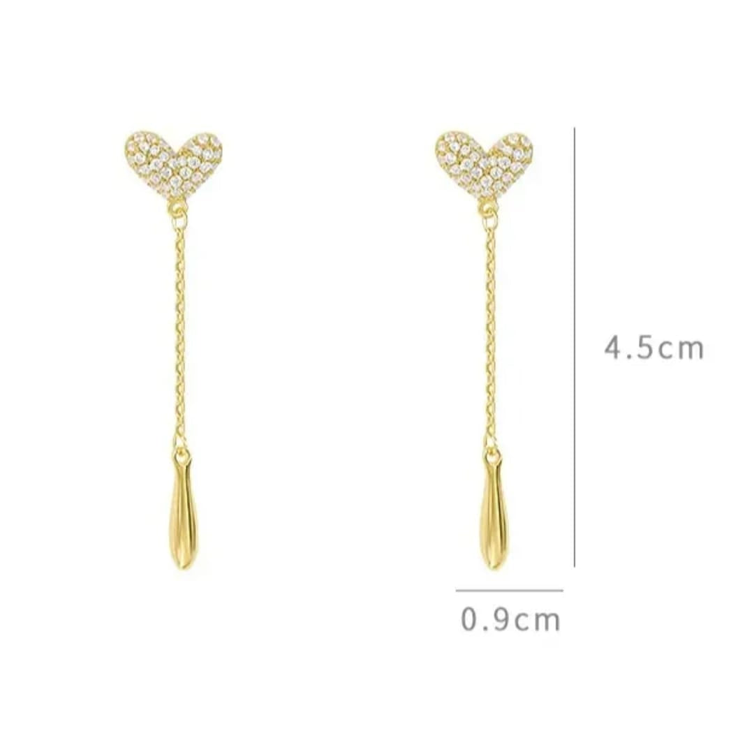 Sparkling Heart Drop Earrings – Elegant Long Chain Design