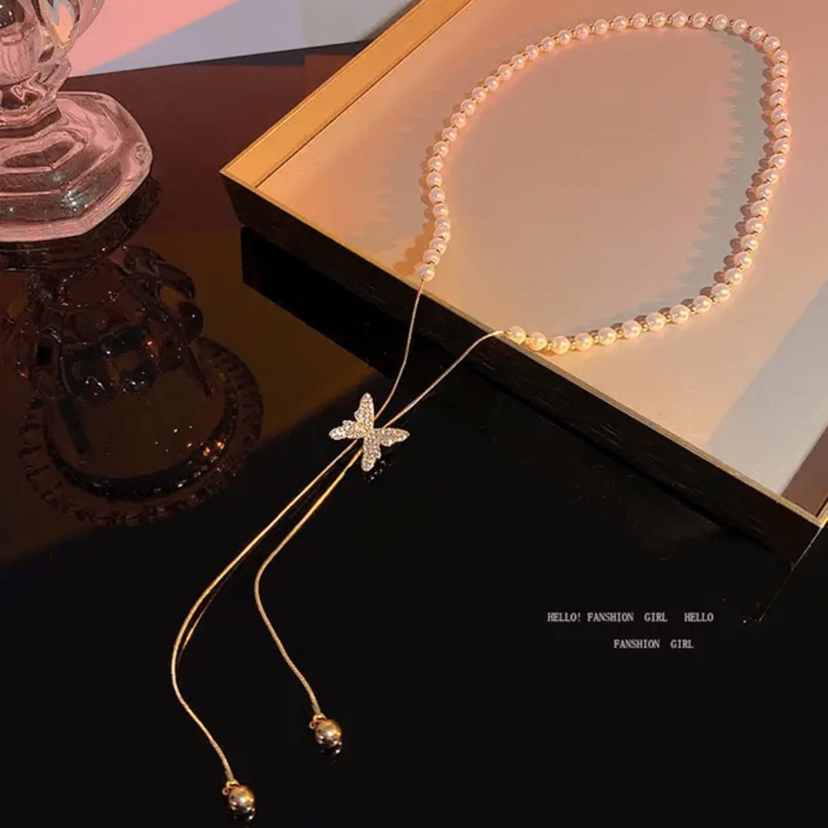 Elegant Pearl Butterfly Necklace – Dainty Adjustable Chain