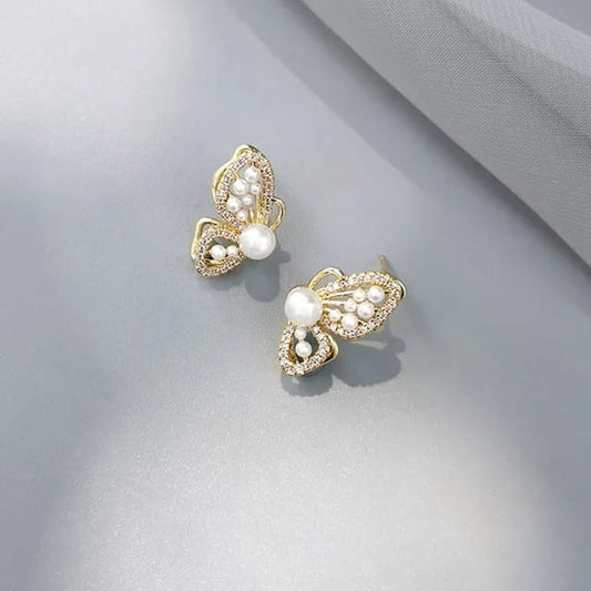 Pearl Butterfly Earrings – Elegant Gold-Tone Studs