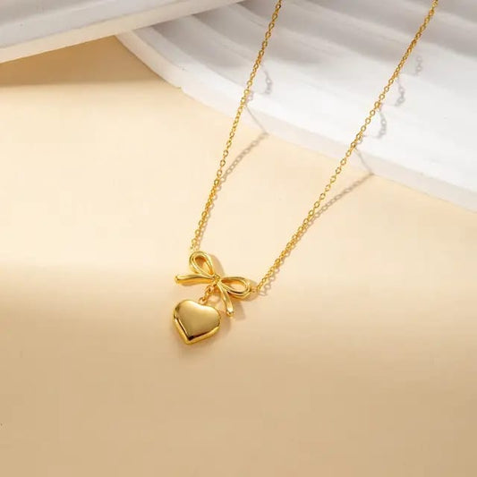 Gold Bow & Heart Pendant Necklace – Cute Minimalist Charm
